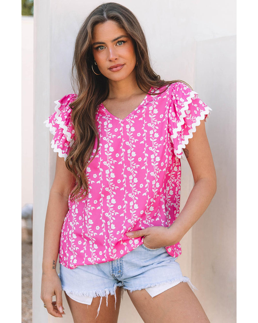 Pink Floral Print Ric-rac Tiered Ruffled V Neck Blouse - L