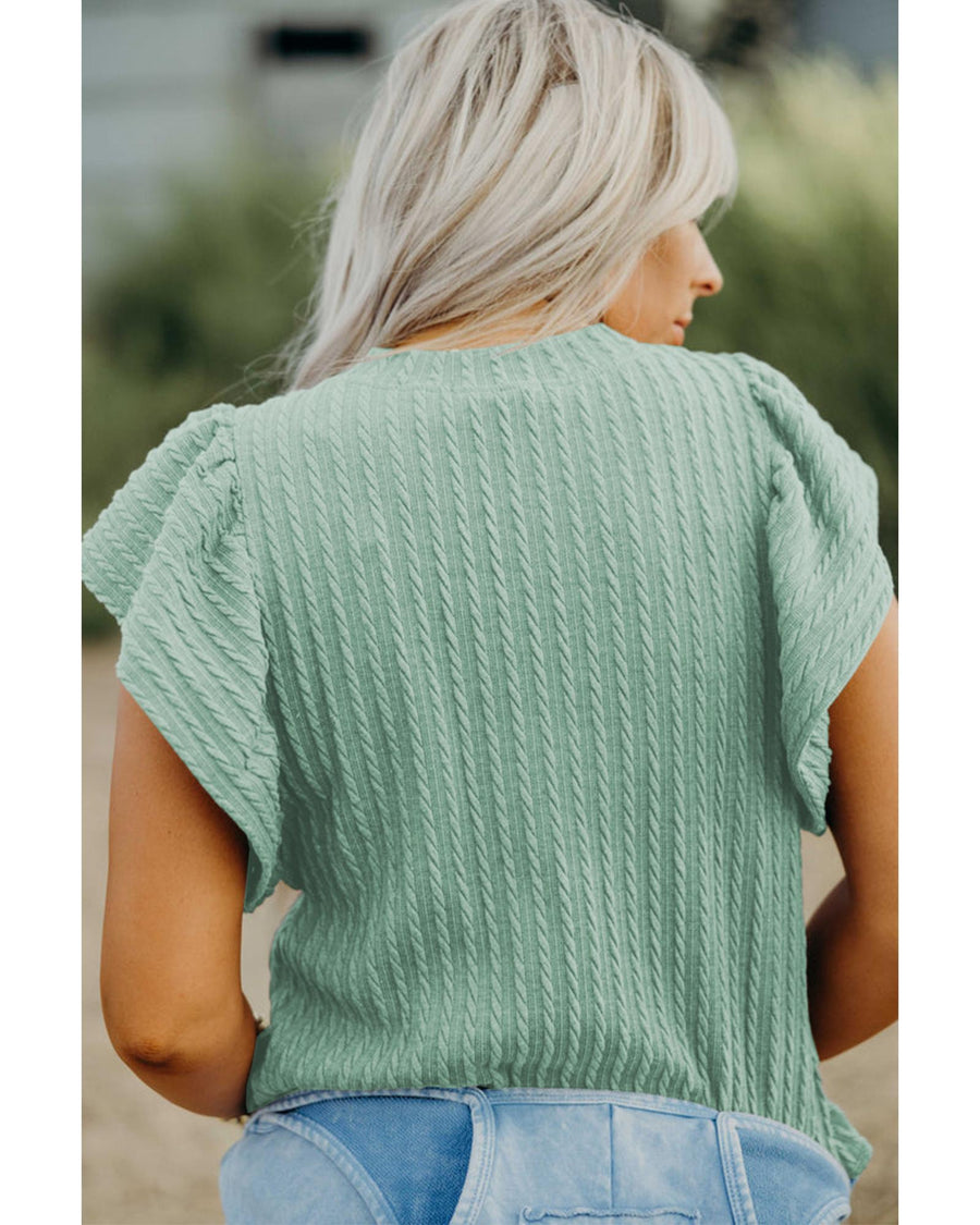 Moonlight Jade Solid Color Textured Flutter Sleeve Top - L