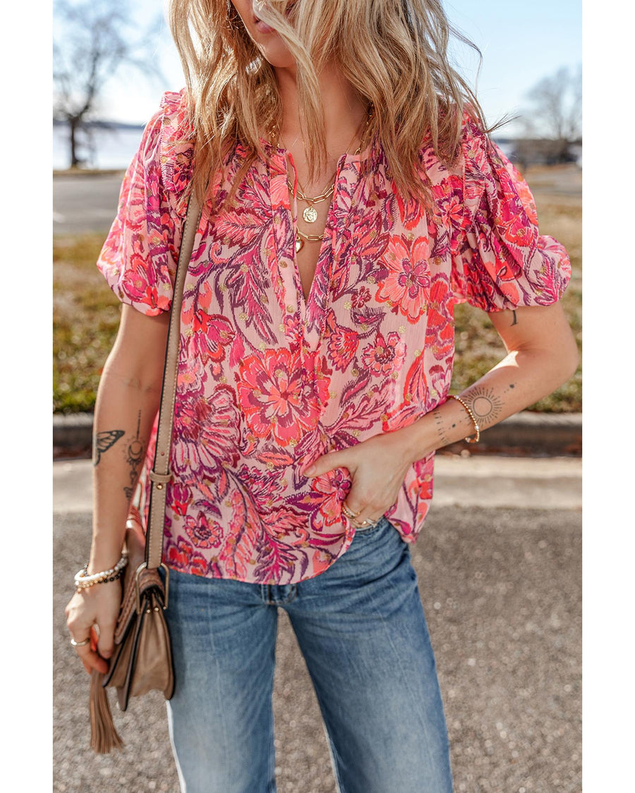 Red Floral Print Ruffled Puff Short Sleeve Blouse - S