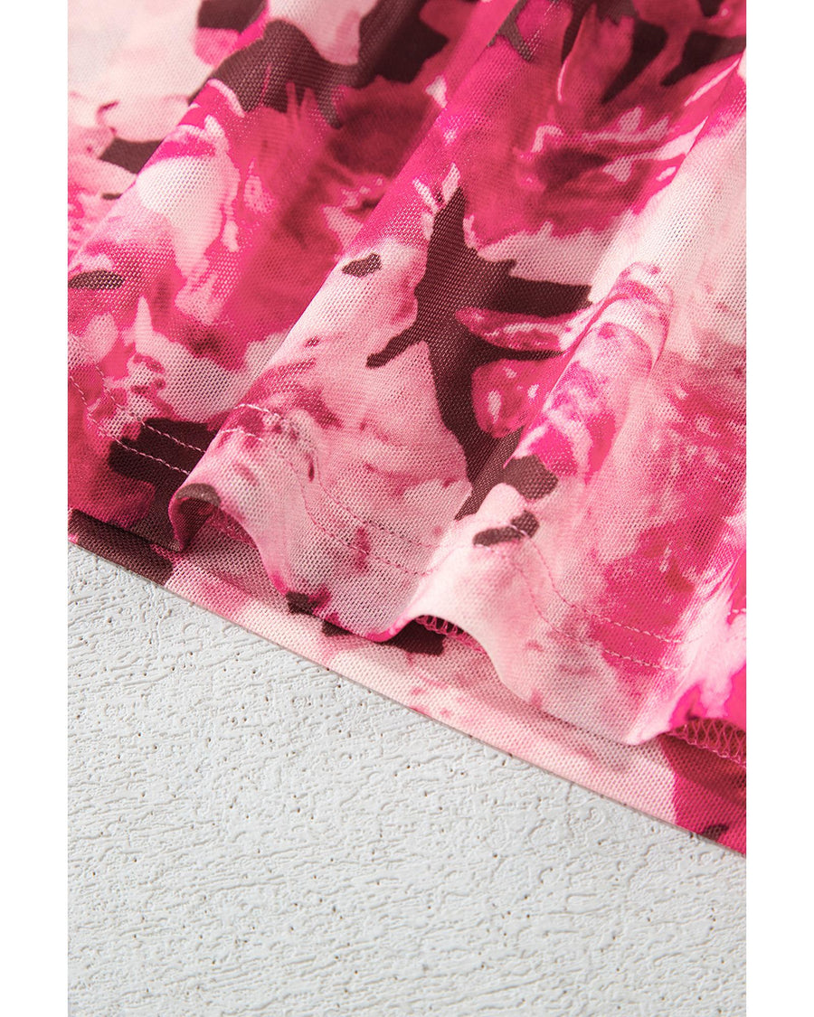 Rose Floral Mesh Flounce Sleeve Mock Neck Blouse - M