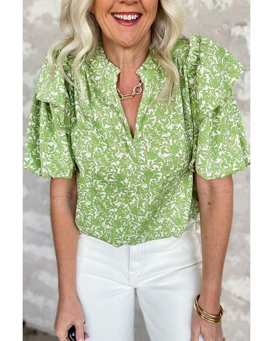 Light Green Floral Ruffle Puff Short Sleeve Frilled Collar V Neck Blouse - L