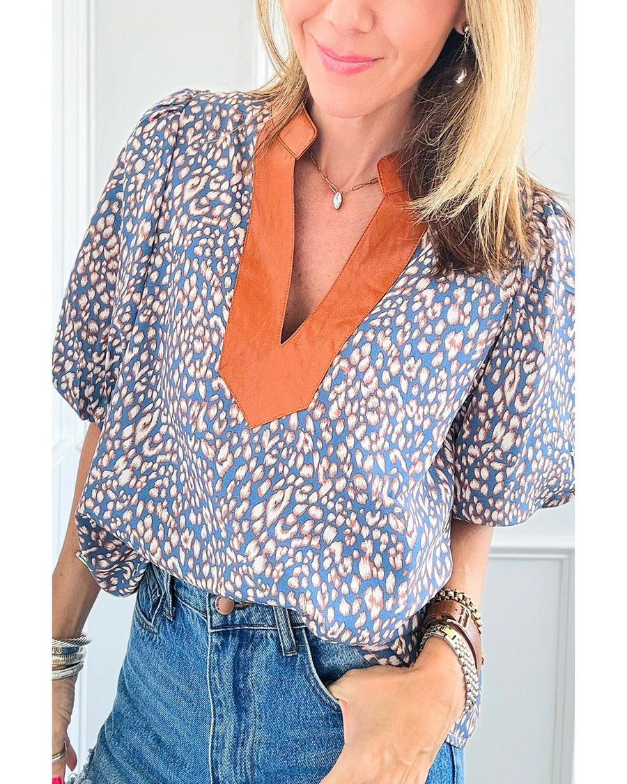 Ashleigh Blue Leopard Print Spot Contrast V Neck Half Puff Sleeve Shirt - M