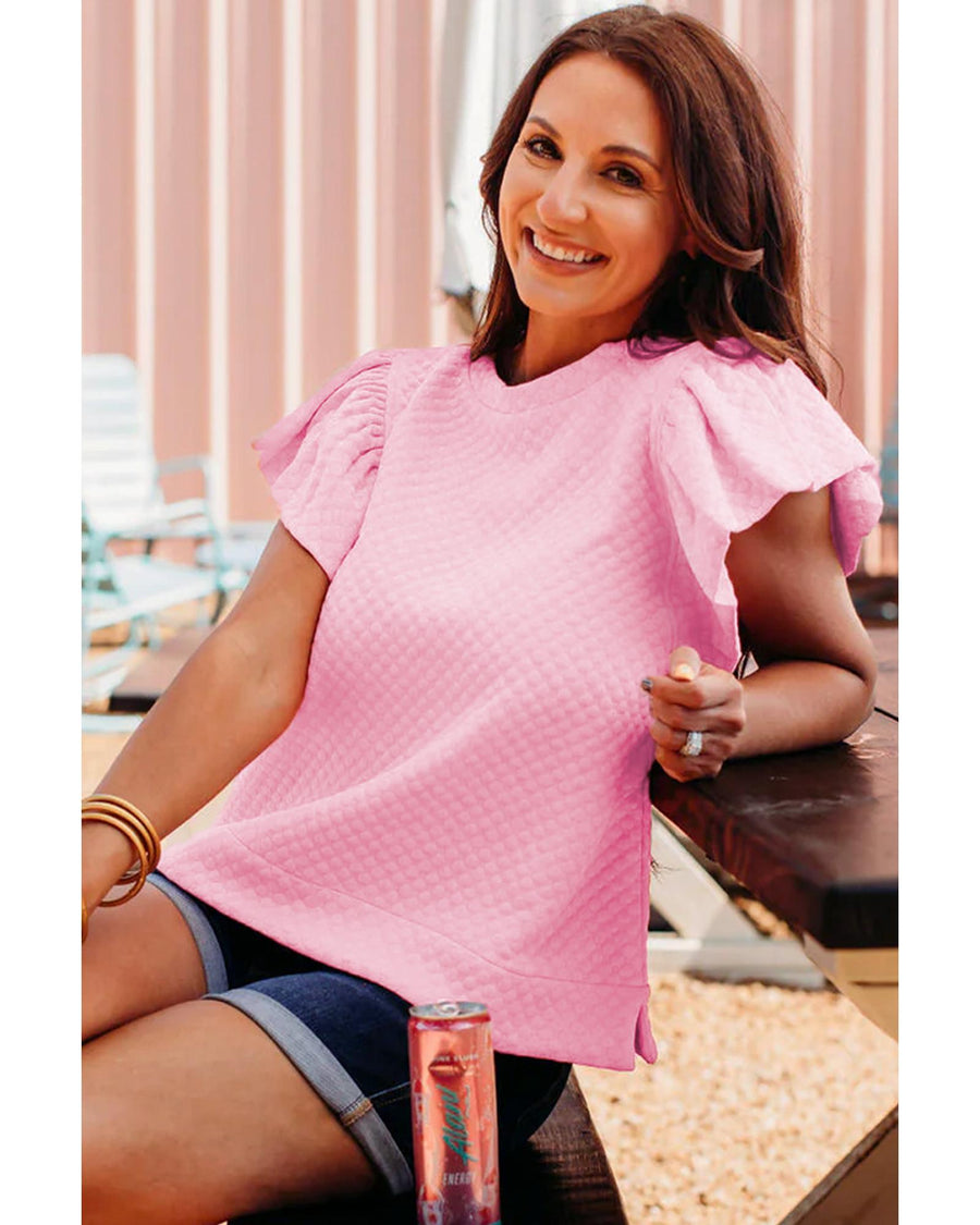 Pink Textured Ruffle Short Sleeve Pullover Top - L