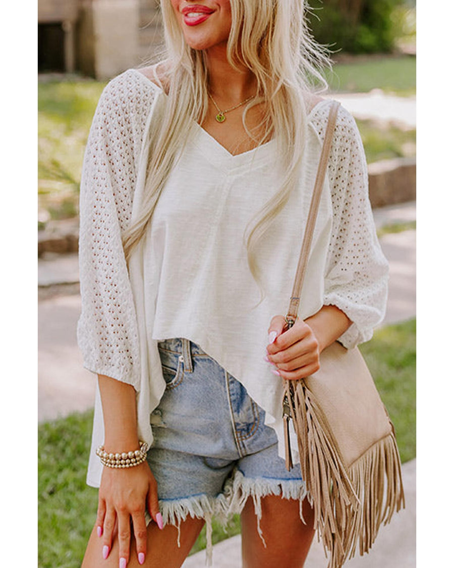 White Eyelet Patchwork High Low Hem V Neck Oversized Top - M