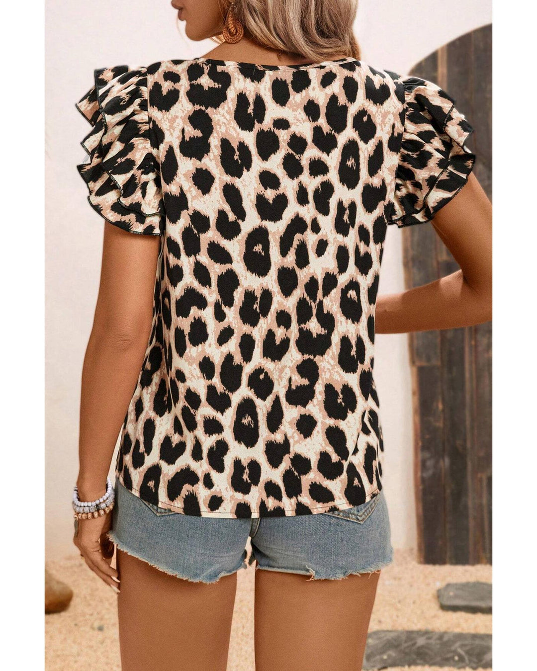 Khaki Leopard Print Layered Ruffled Short Sleeve Blouse - M