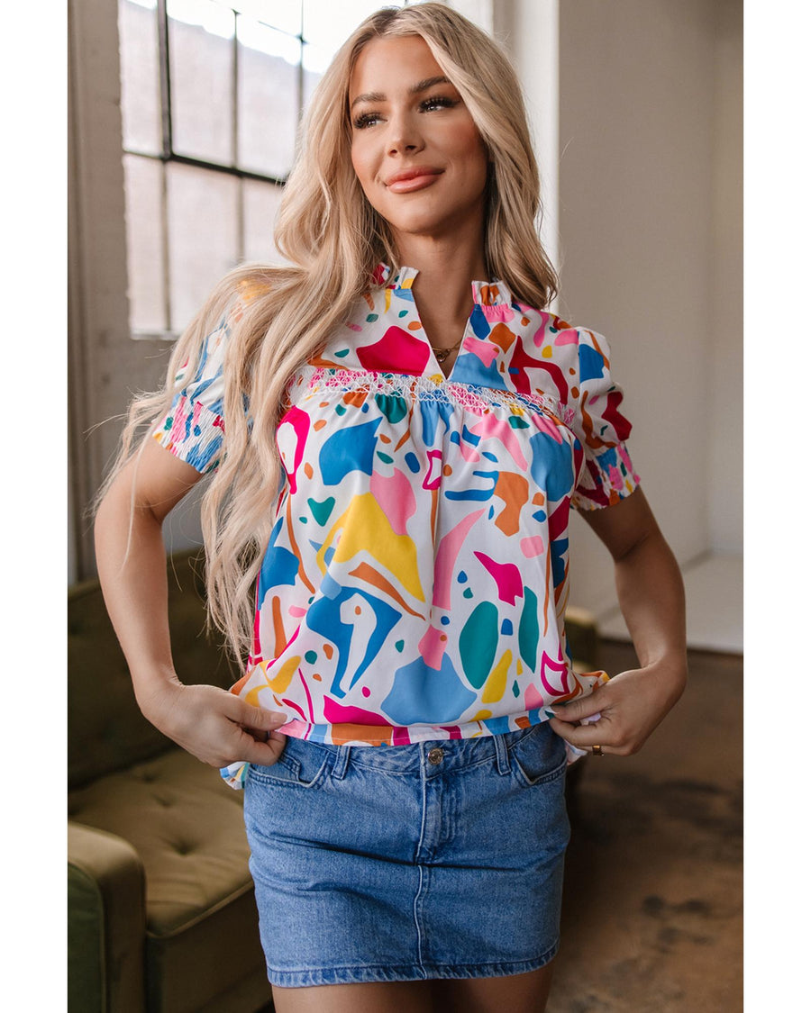 Multicolour Abstract Print Lace Detail Shirred Short Sleeve Split Neck Blouse - M