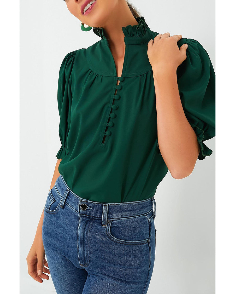 Blackish Green Solid Puff Sleeve Frilled Trim Elegant Blouse - L