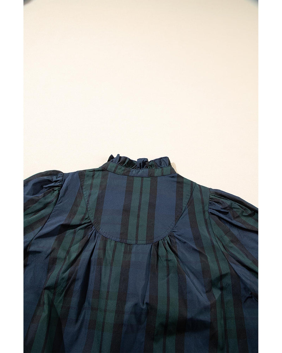 Green Stripe Plaid Puff Sleeve Frilled Trim Elegant Blouse - XL