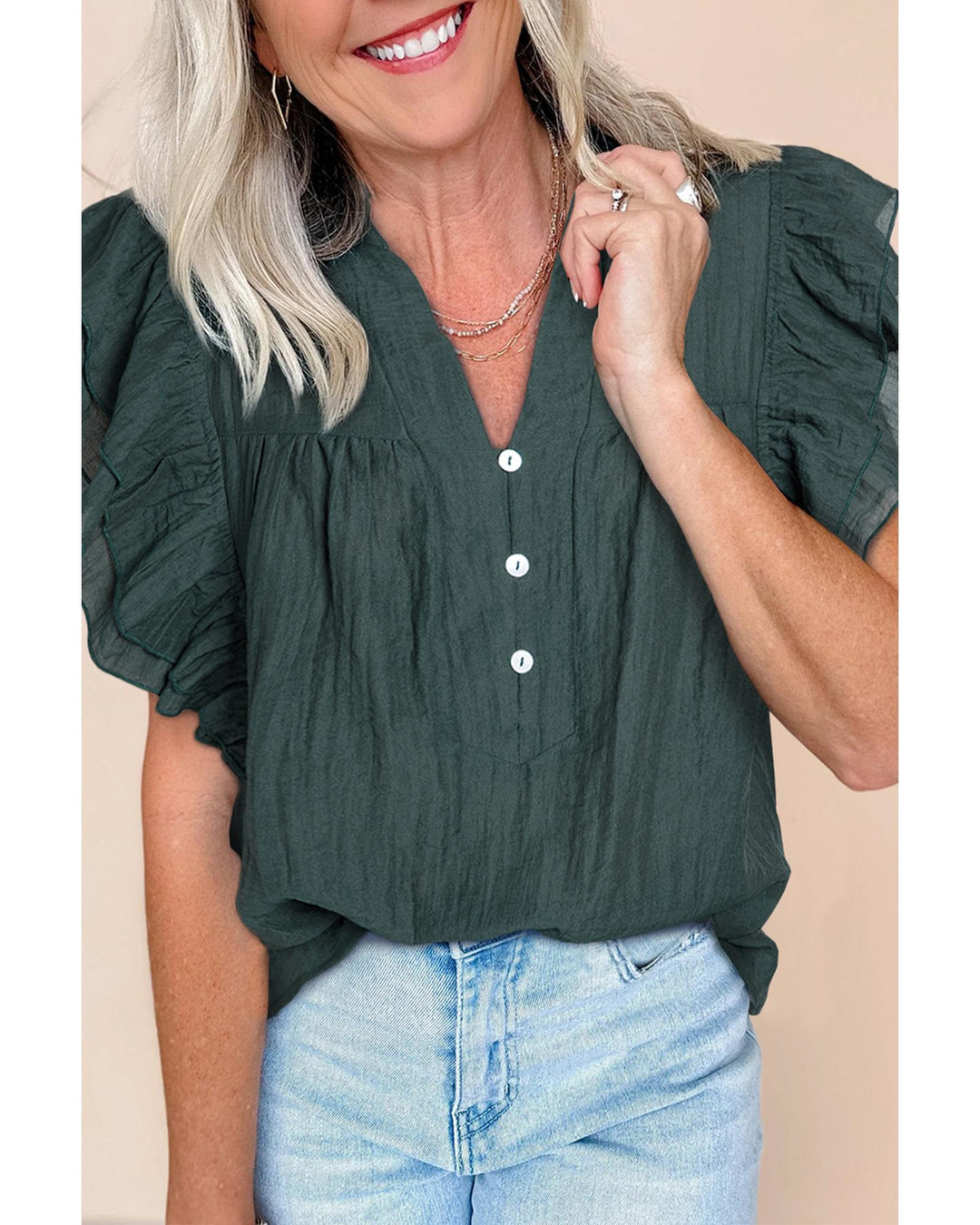 Skobeloff Frilled V Neck Ruffled Cap Sleeve Blouse - L