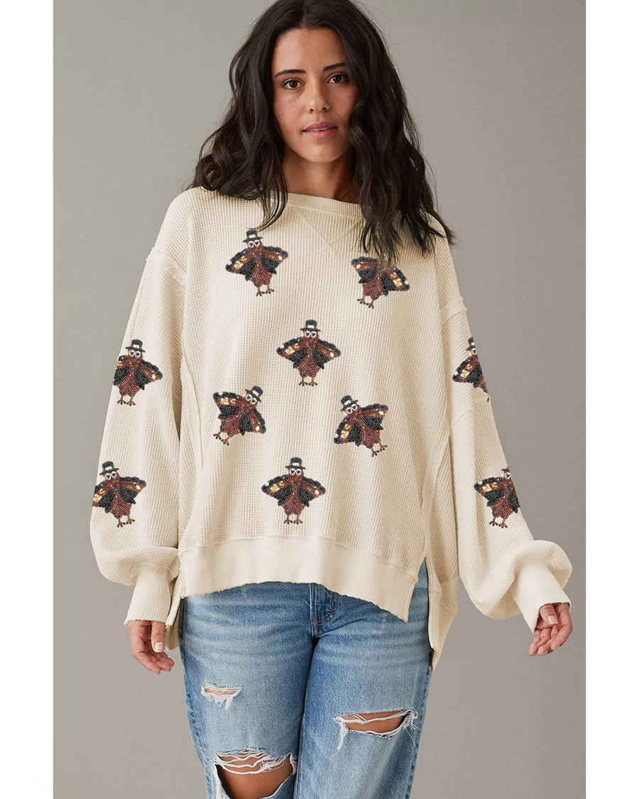 White Thanksgiving Turkey Waffle Oversized Knit Top - XL