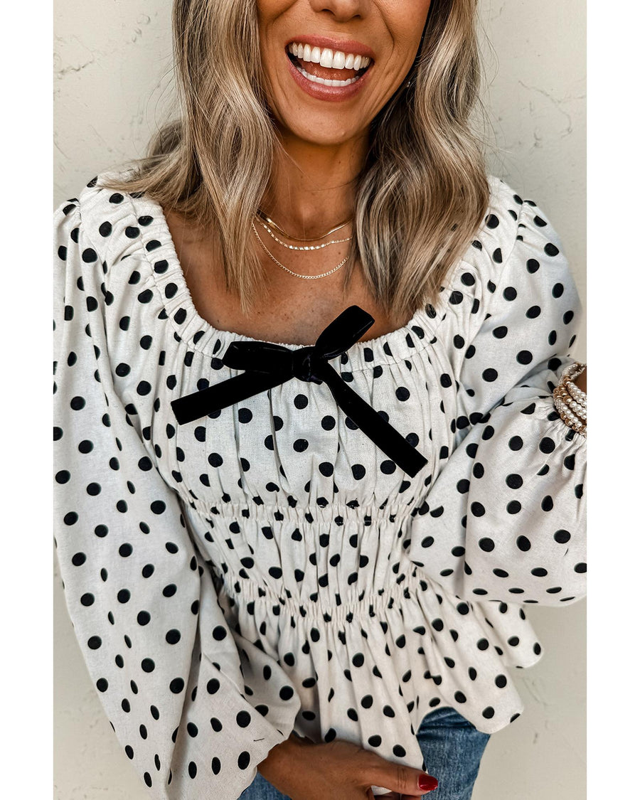 Black Polka Dot Puff Sleeve Bow Square Neck Peplum Top - XL