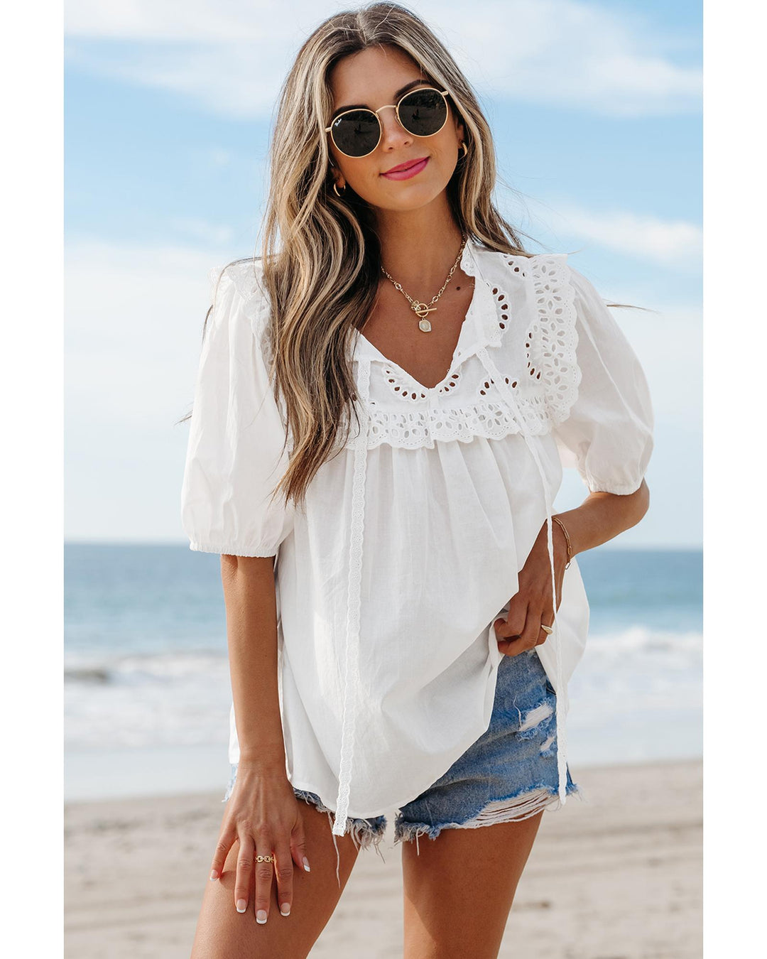 White Embroidered Lace Patchwork Tie Neck Puff Short Sleeve Blouse - L