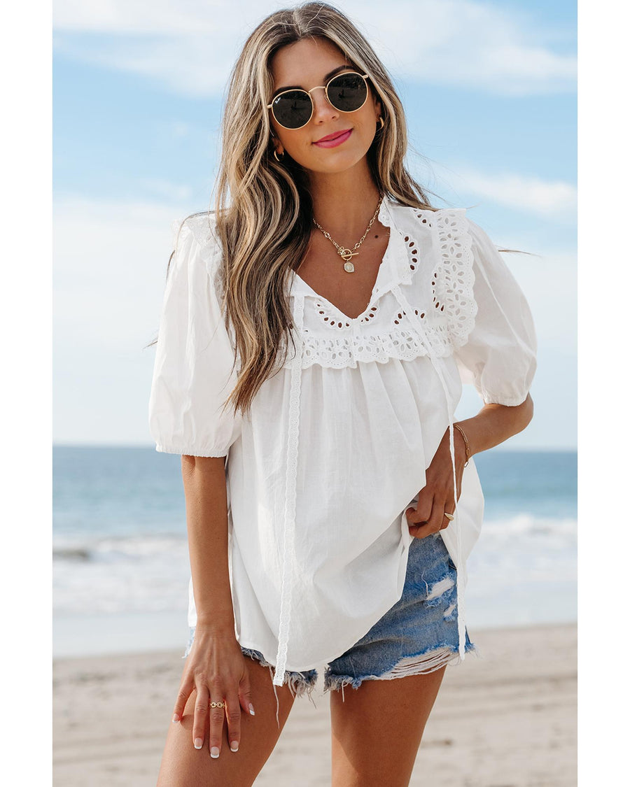 White Embroidered Lace Patchwork Tie Neck Puff Short Sleeve Blouse - S