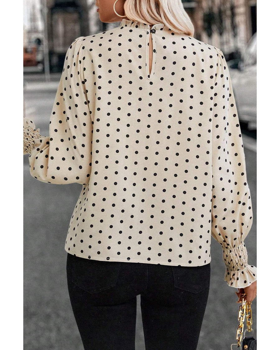 Apricot Polka Dot Print Frilled Collar Lantern Sleeve Blouse - M