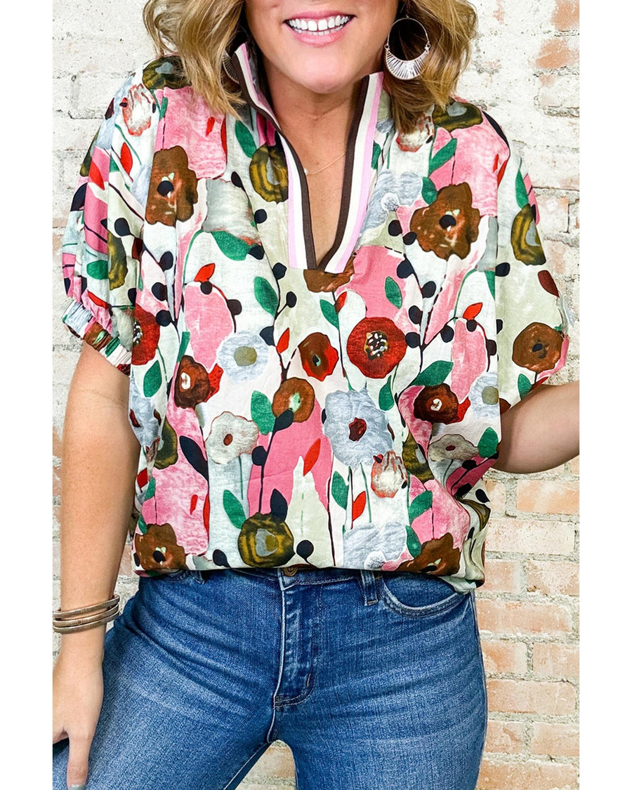 Pink Floral Print Slit V Neck Short Sleeve Blouse - XL