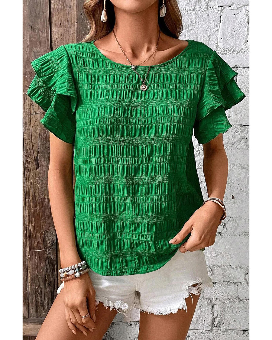 Dark Green Textured Ruffled Sleeve Round Neck Top - L