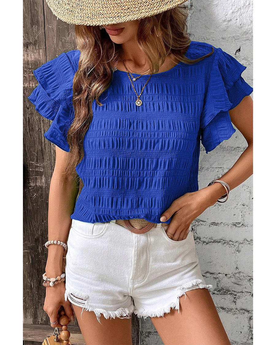 Dark Blue Textured Ruffled Sleeve Round Neck Top - L