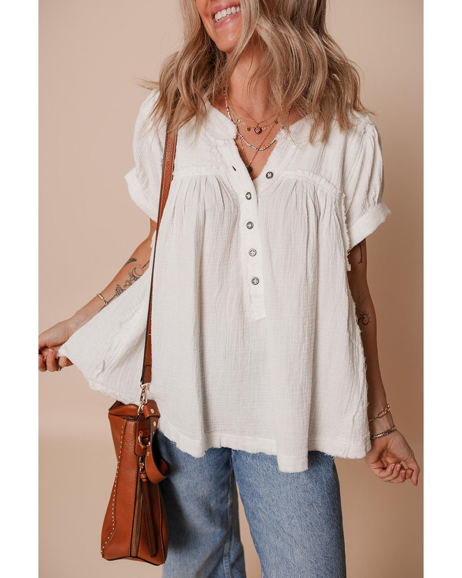 White Textured Short Sleeve Buttons Frayed Blouse - L