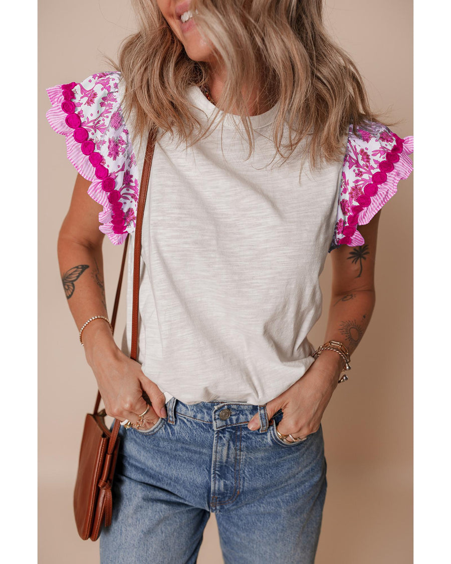 Rose Ricrac Trim Printed Flutter Sleeve Contrast Patchwork Blouse - L