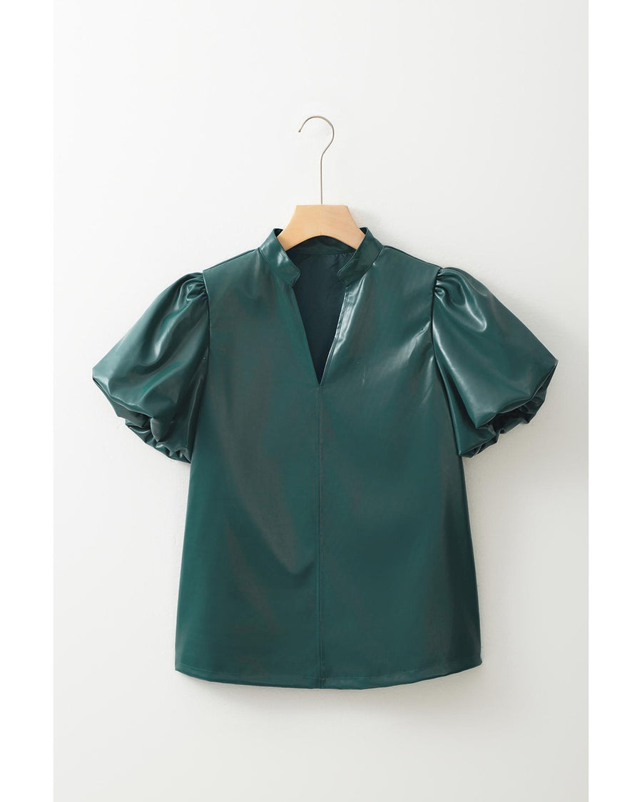 Sea Green  Notched V Neck Short Puff Sleeve PU Leather Blouse - L