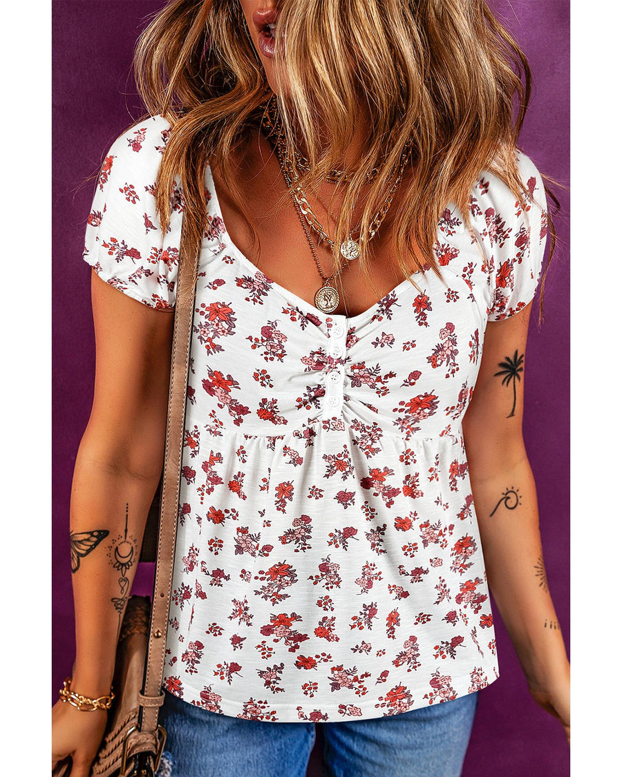 White Boho Floral Ruched Cinched Short Sleeve Blouse - L