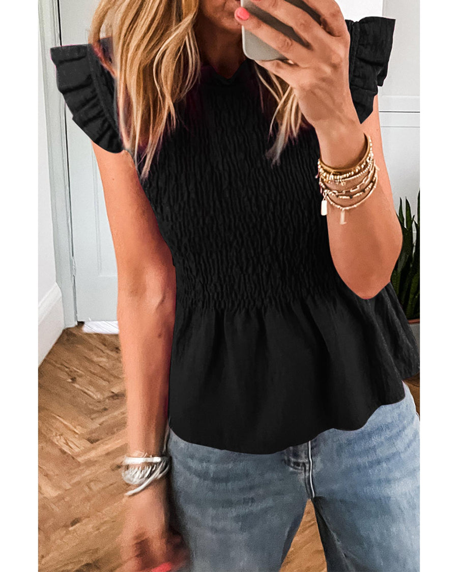 Black Ruffle Short Sleeve Shirred Peplum Top - M