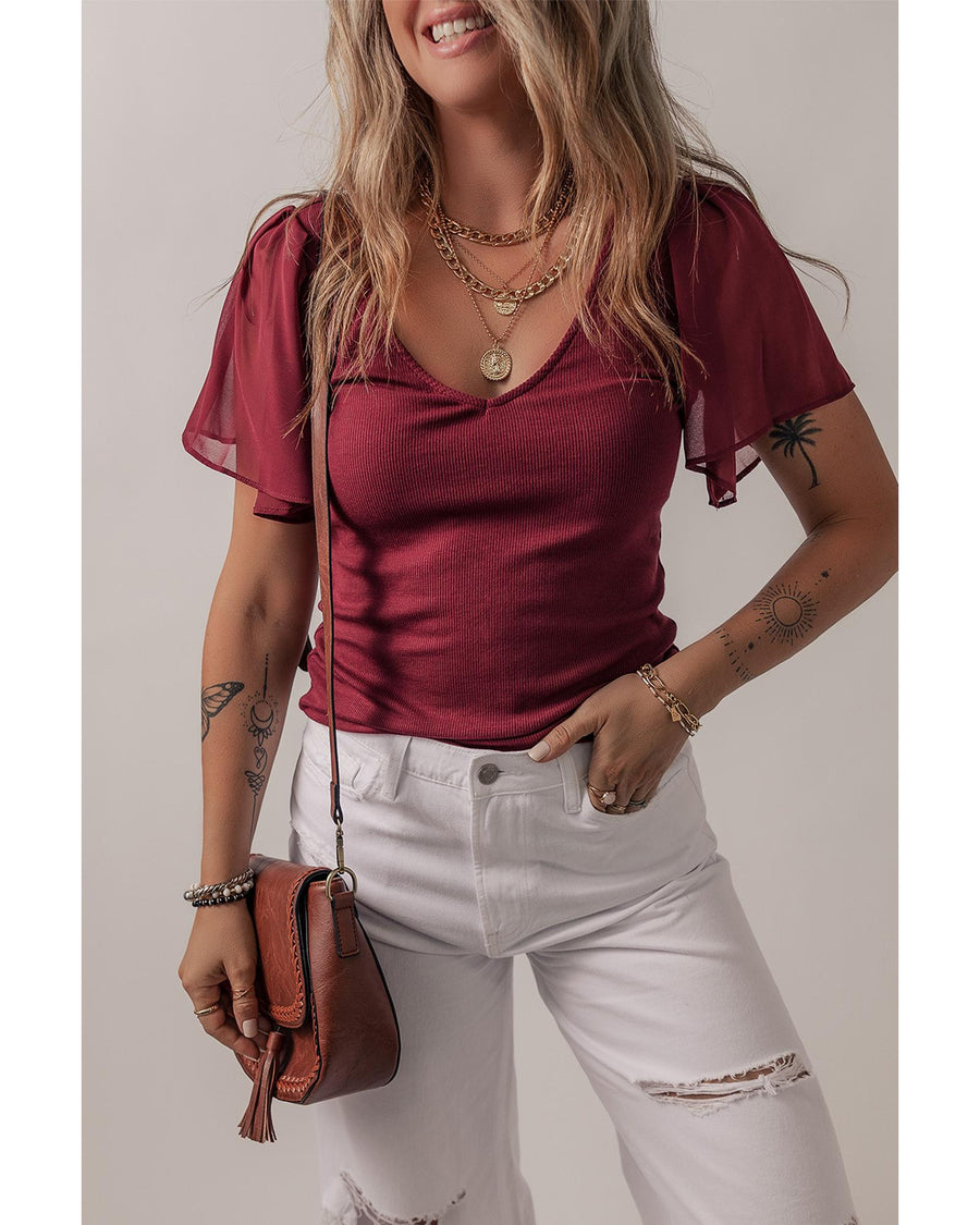 Red Dahlia Mesh Ruffled Sleeve Slim Fit V Neck Top - M