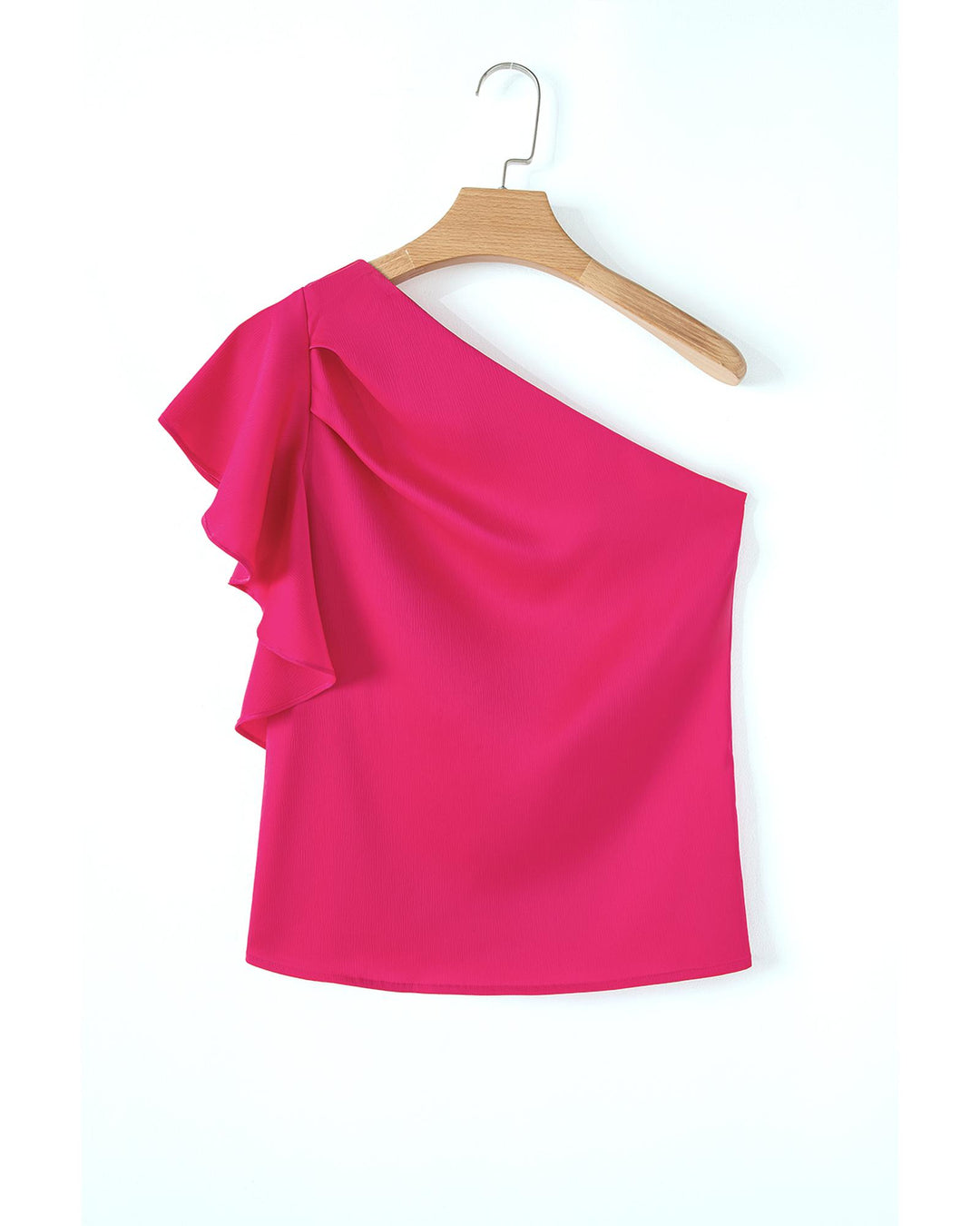 Strawberry Pink Asymmetric Shoulder Ruffle Sleeve Elegant Blouse - L