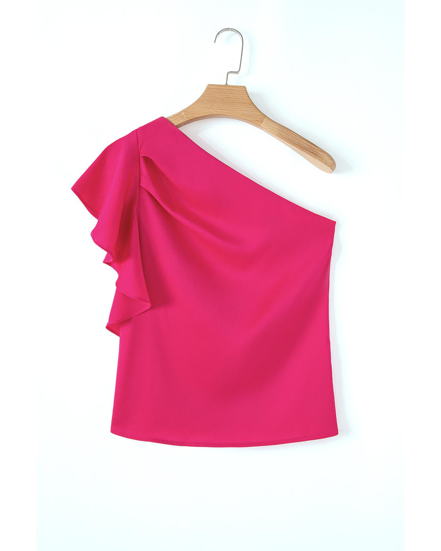 Strawberry Pink Asymmetric Shoulder Ruffle Sleeve Elegant Blouse - M