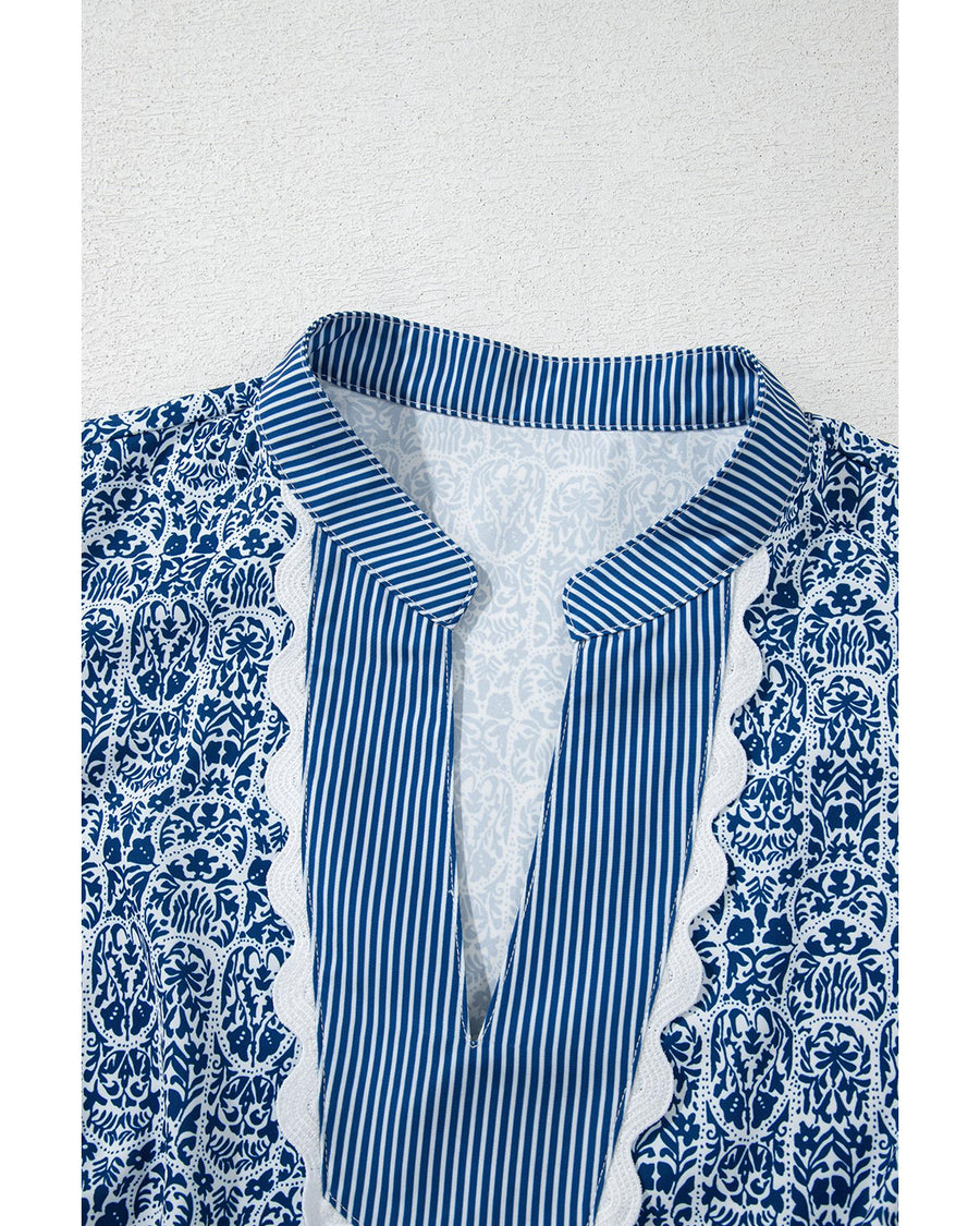 Blue Floral Striped Print Contrast Ric-rac Puff Sleeve Top - M