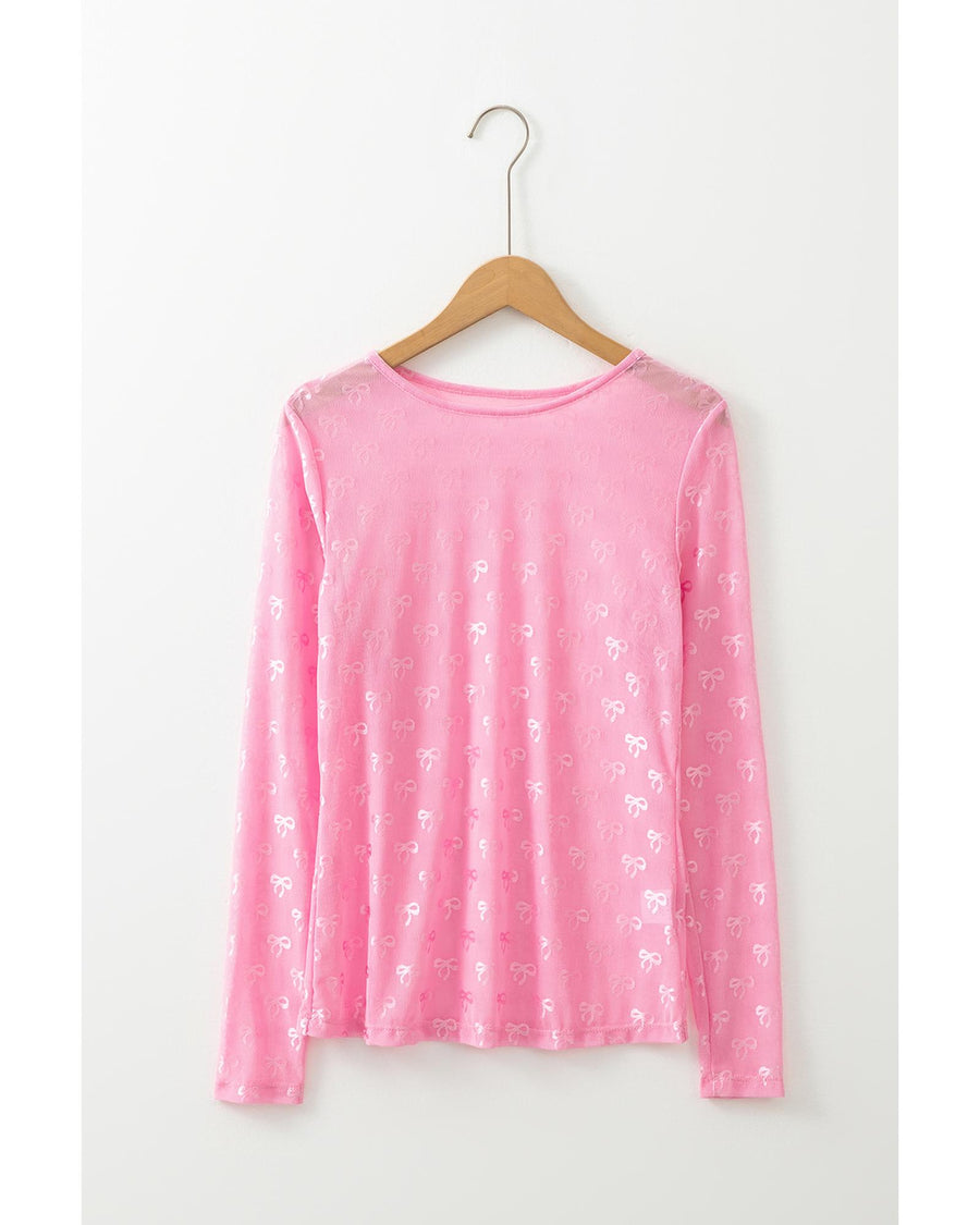 Pink Mesh Bow Pattern Long Sleeve Top - M