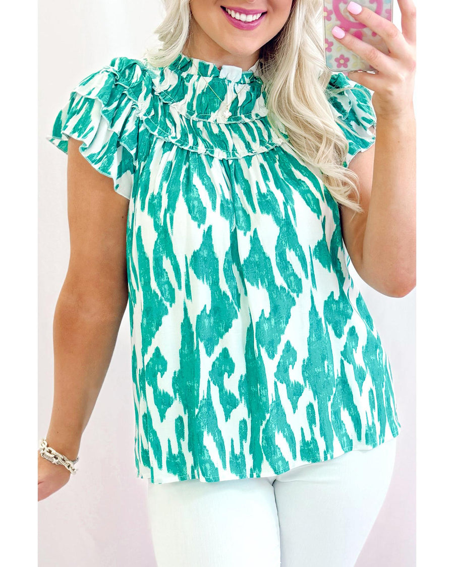 Sky Blue Abstract Print Frilled Crewneck Loose Fit Blouse - M