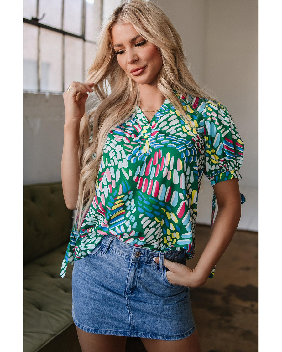 Green Brushwork Geometric Print Puff Sleeve Notched Neck Blouse - L