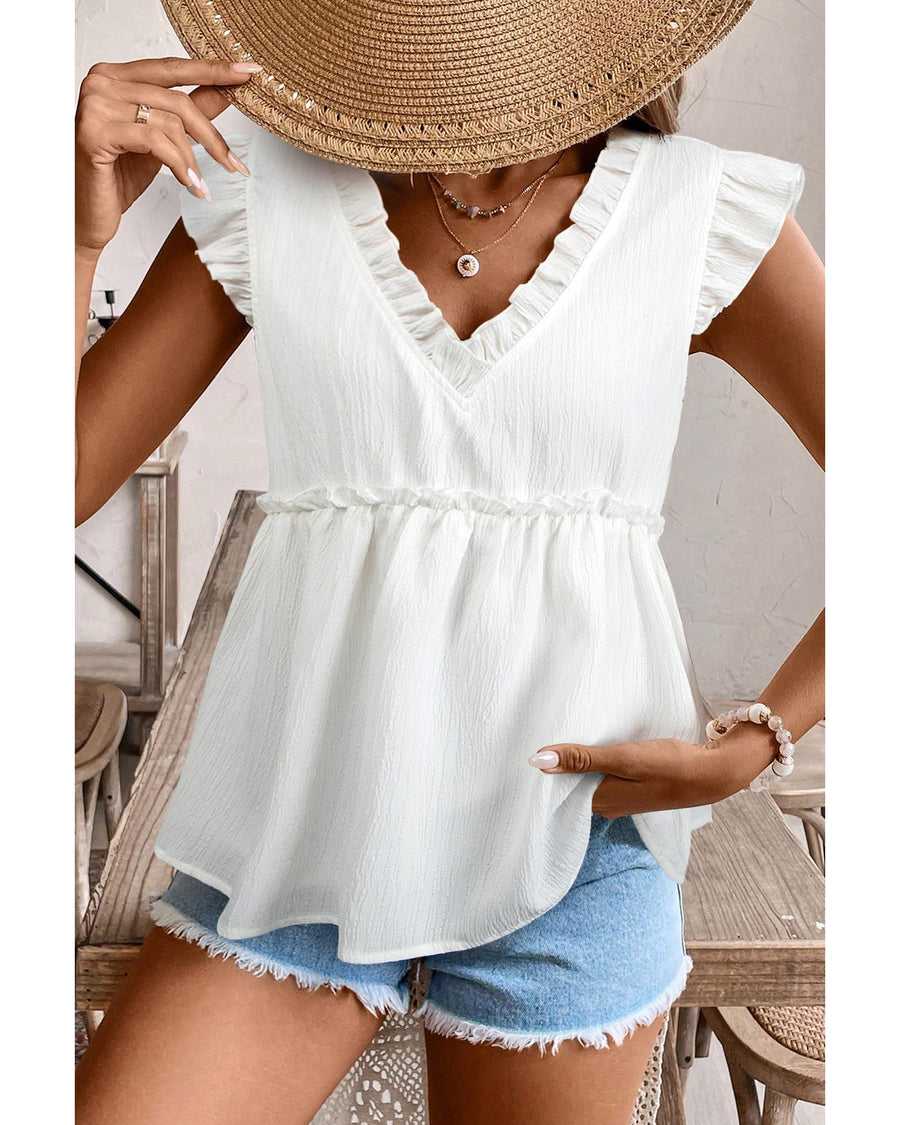 White Textured Ruffled Trim V Neck Flutter Flowy Top - L
