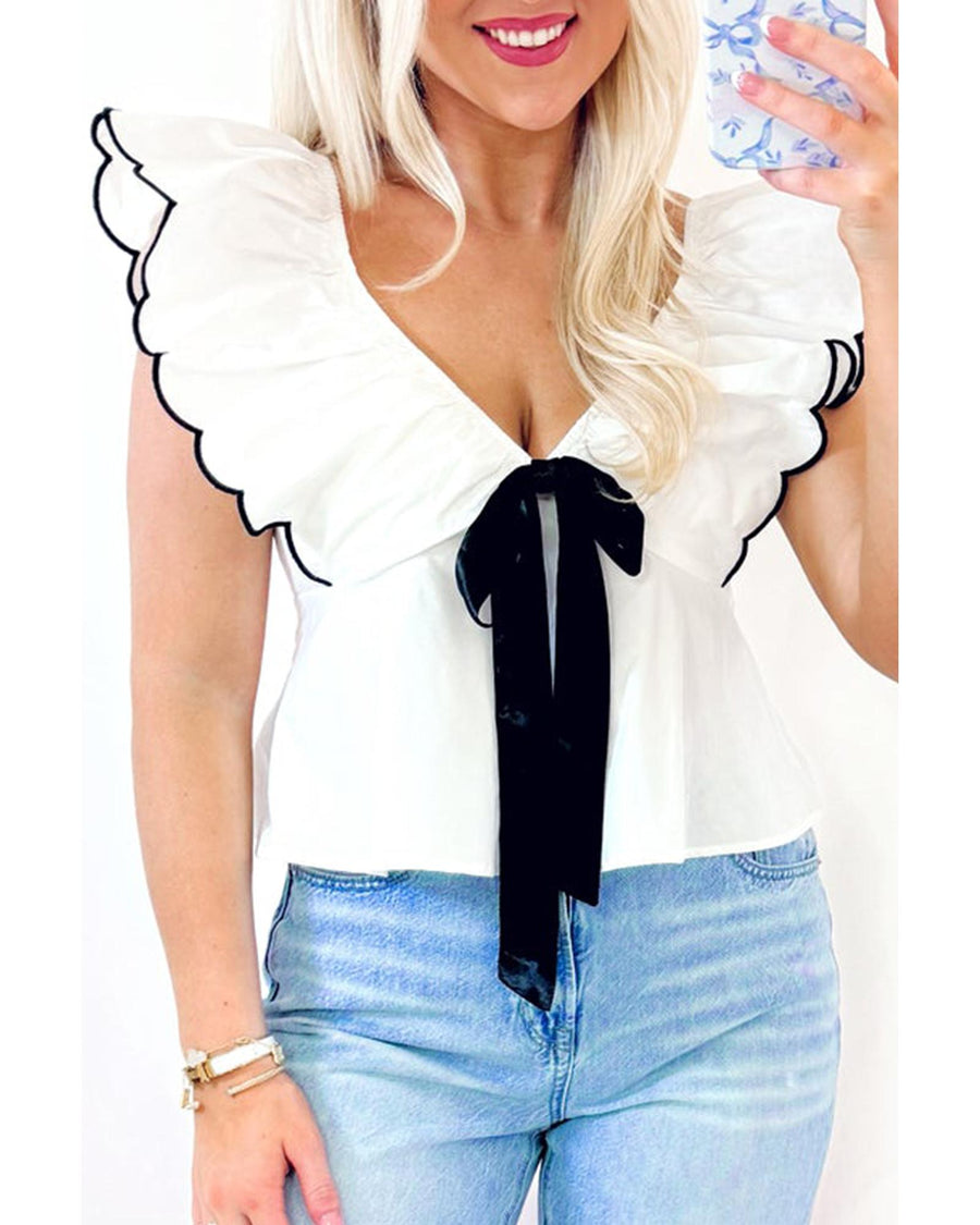 White Contrast Bow Ruffle Trim V Neck Blouse - L