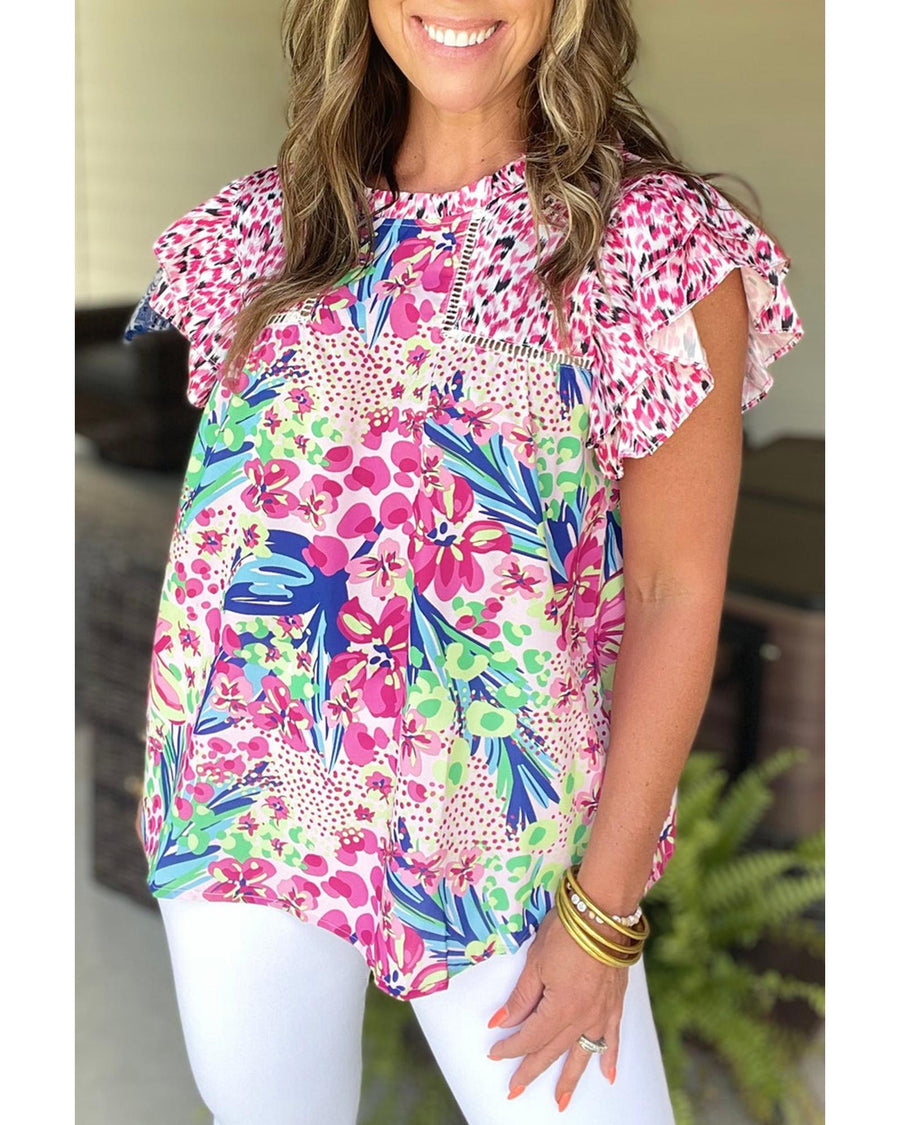 Pink Floral Mixed Print Ruffle Cap Sleeve Blouse - M