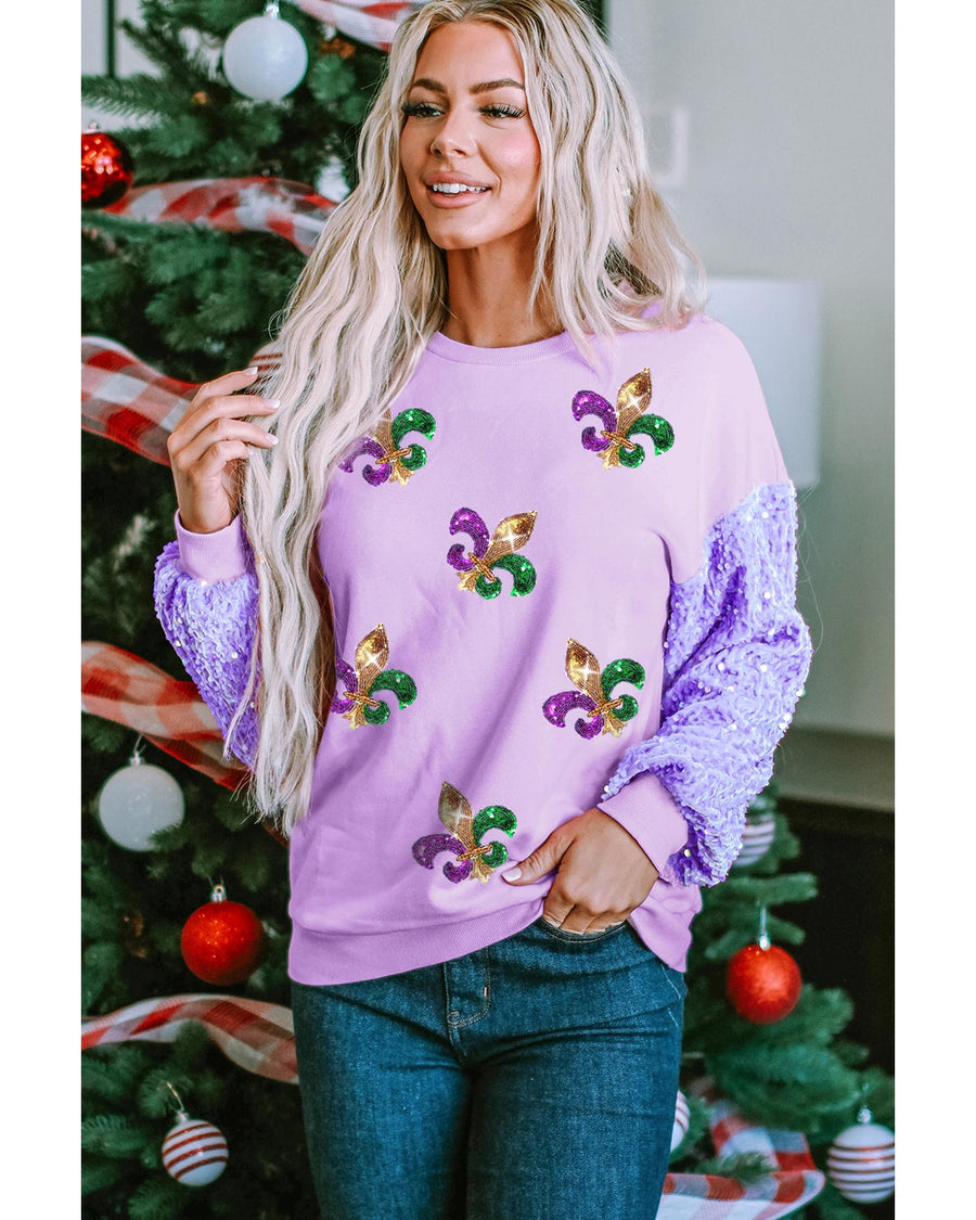 Orchid Petal Sequin Patchwork Long Sleeve Fleur de Lis Patched Pattern Top - L