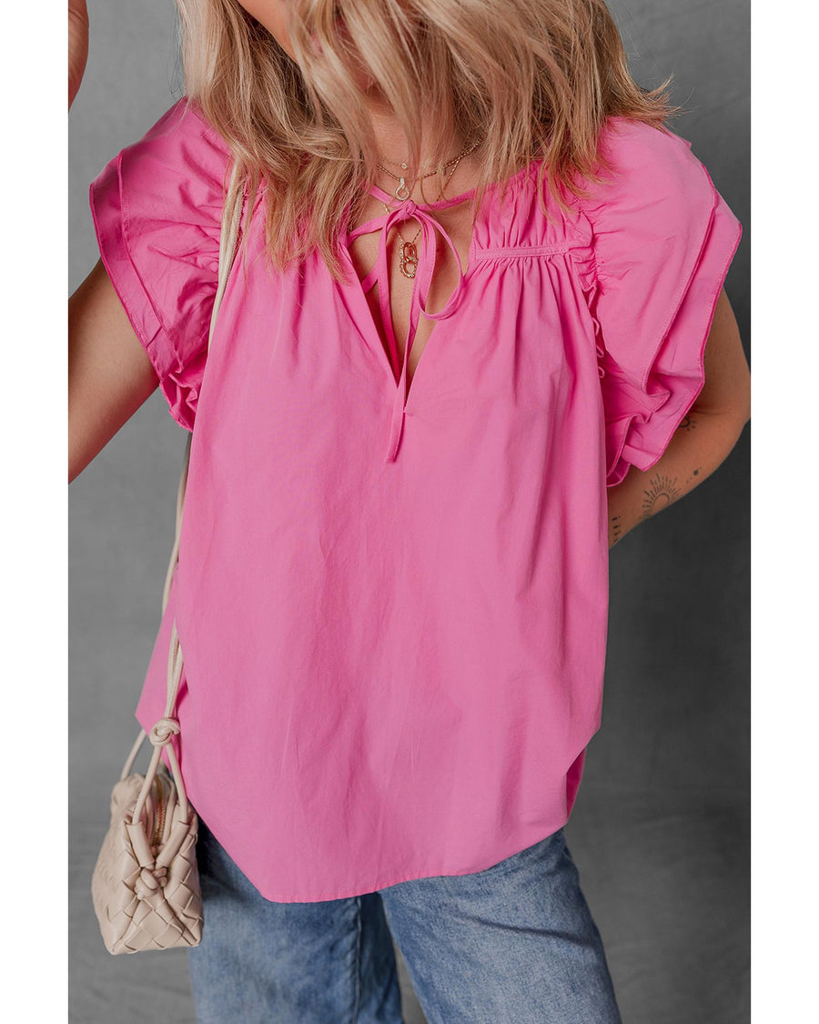 Sachet Pink Shirred Yoke Lace up V Neck Ruffled Sleeve Blouse - L