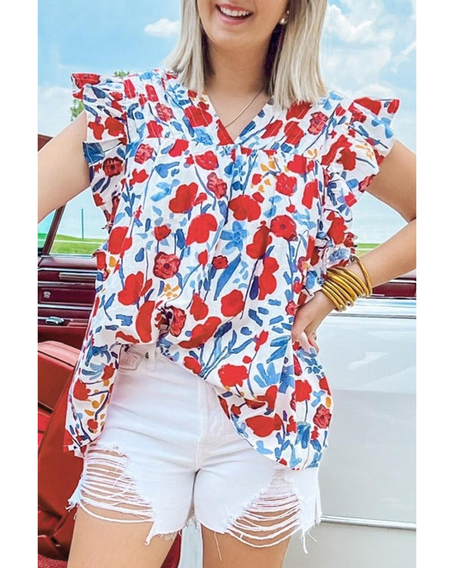 Red Flowers Pintuck Detail V-Neck Ruffled Sleeve Top - L