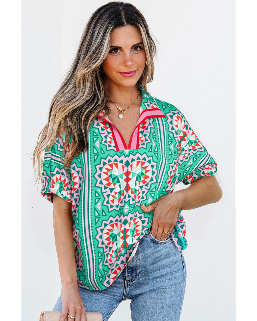 Sea Green Boho Abstract Print Contrast Striped Collared V Neck Blouse - M