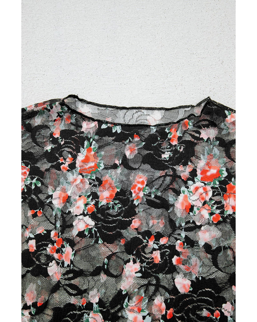 Black Floral Mesh Sheer Long Sleeve Top - L