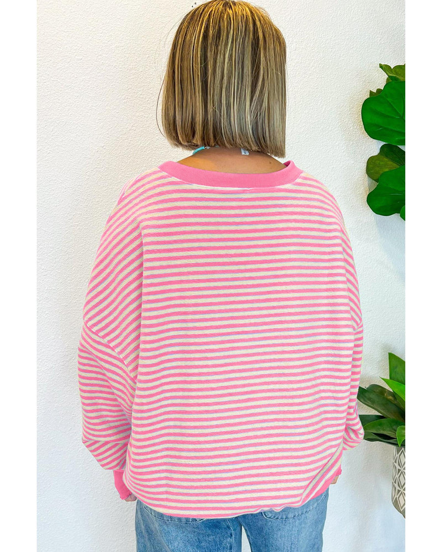 Azura Exchange Pink Stripe Santa Clause Print Drop Shoulder Long Sleeve Loose Top - M