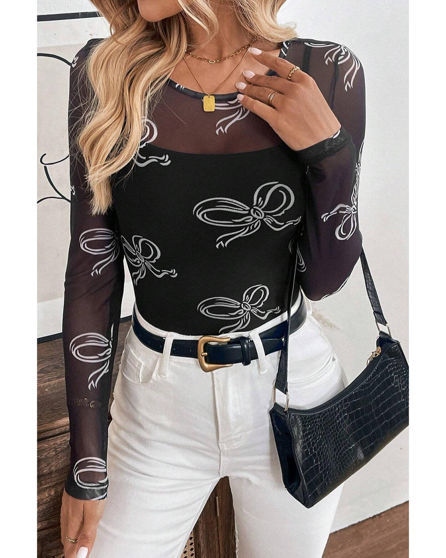 Black Round Neck Bow Print Long Sleeve Mesh Top - S