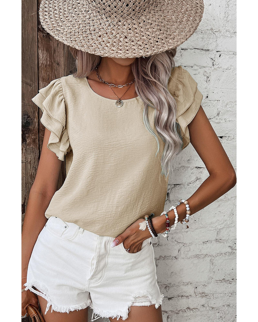 Beige Solid Color Ruffled Short Sleeve Casual Blouse - L