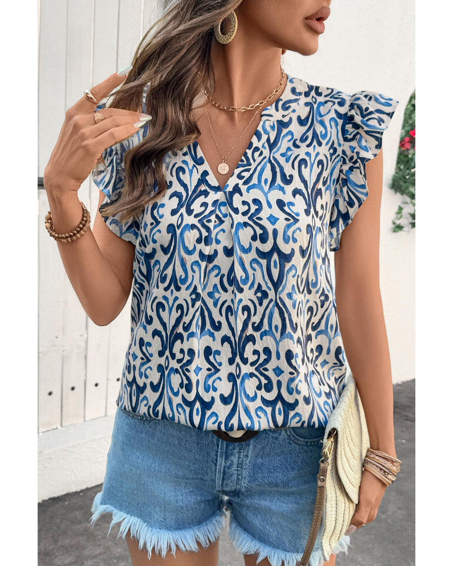 Sky Blue Boho Abstract Print Pintuck Detail Ruffled Top - M