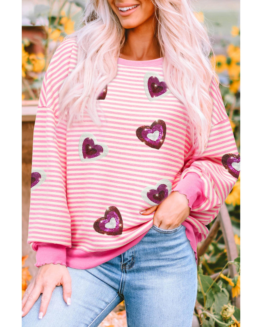 Pink Stripe Sequin Heart Patched Pattern Long Sleeve Valentines Top - L