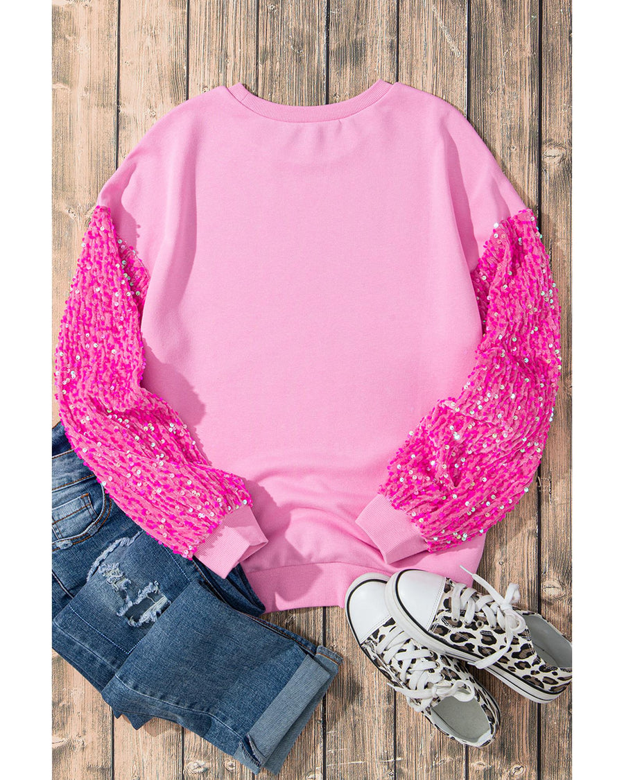 Pink Leopard Heart Graphic Sequin Patchwork Long Sleeve Valentines Top - M