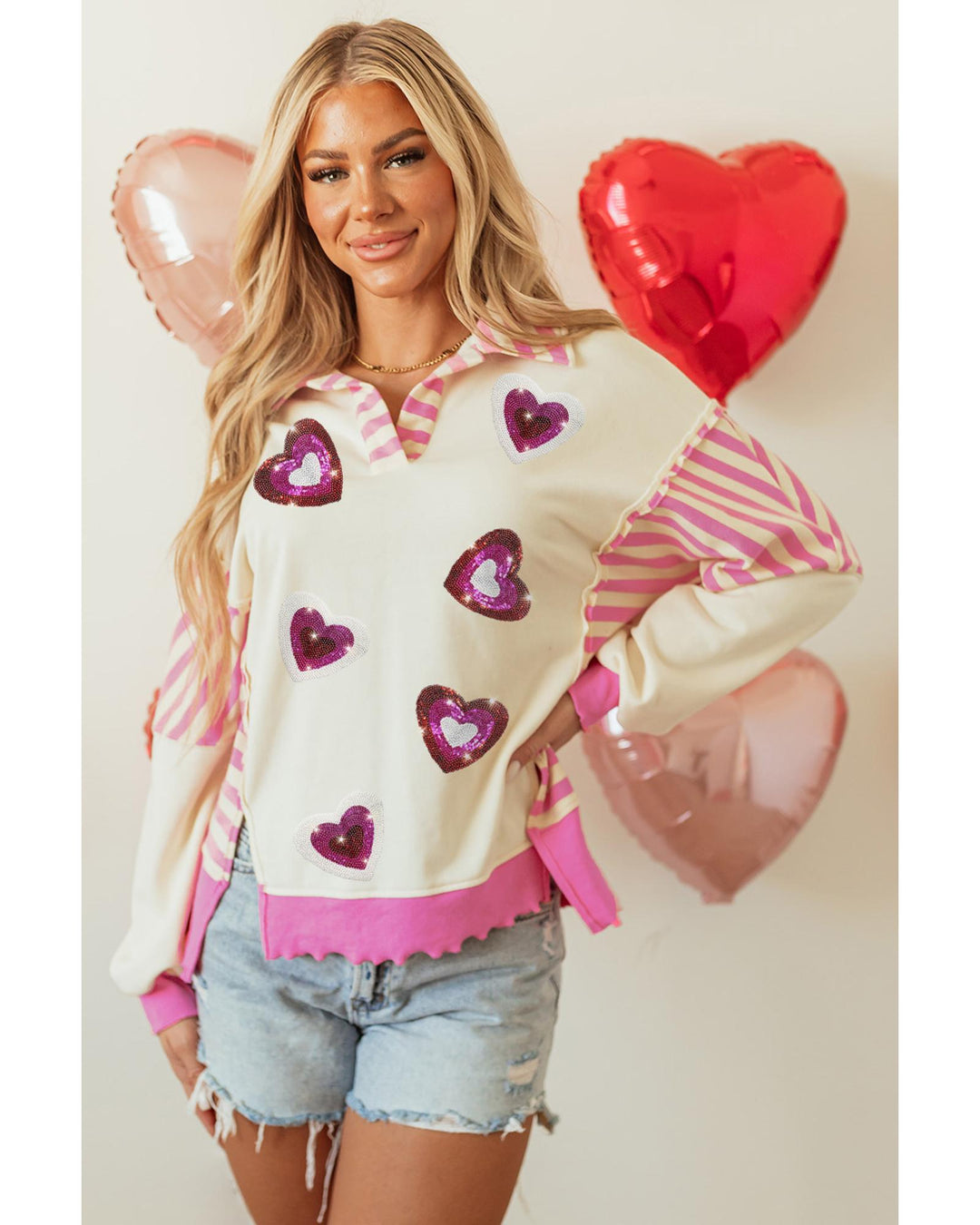 Pink Stripe Patchwork Sequin Heart Pattern Long Sleeve Collared Split Top - L
