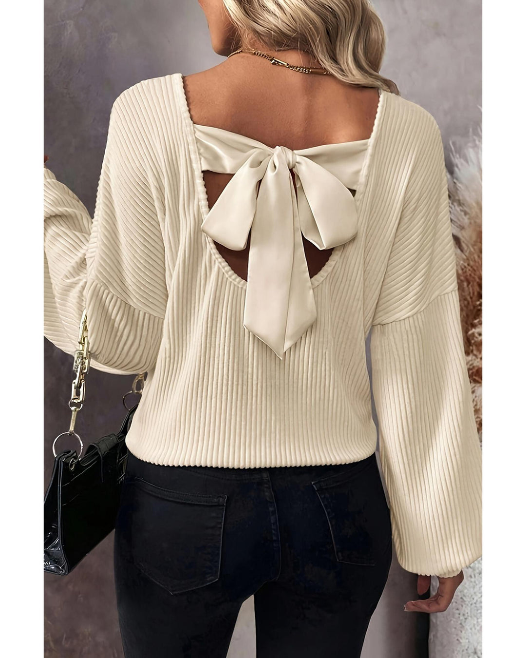 White Knot Back Drop Shoulder Ribbed Long Sleeve Blouse - L