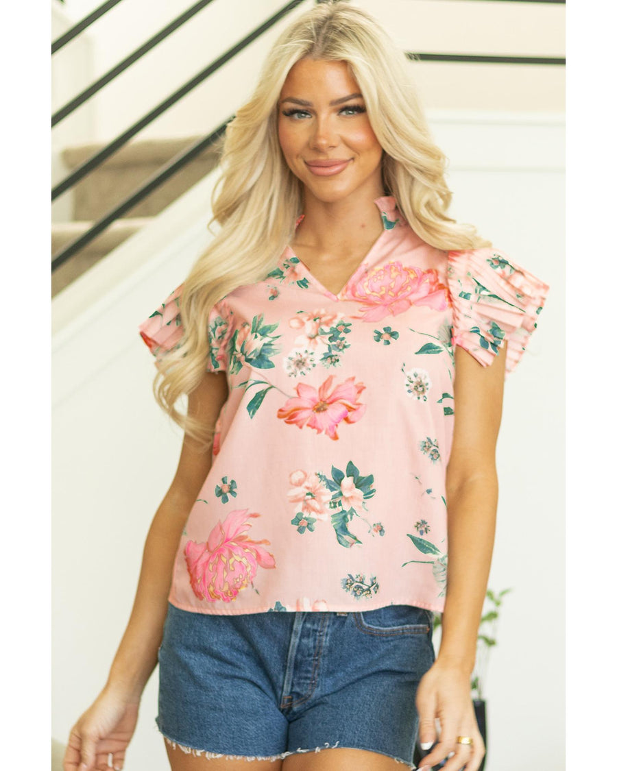 Pink Floral Print Frilled V Neck Pleated Sleeve Blouse - L